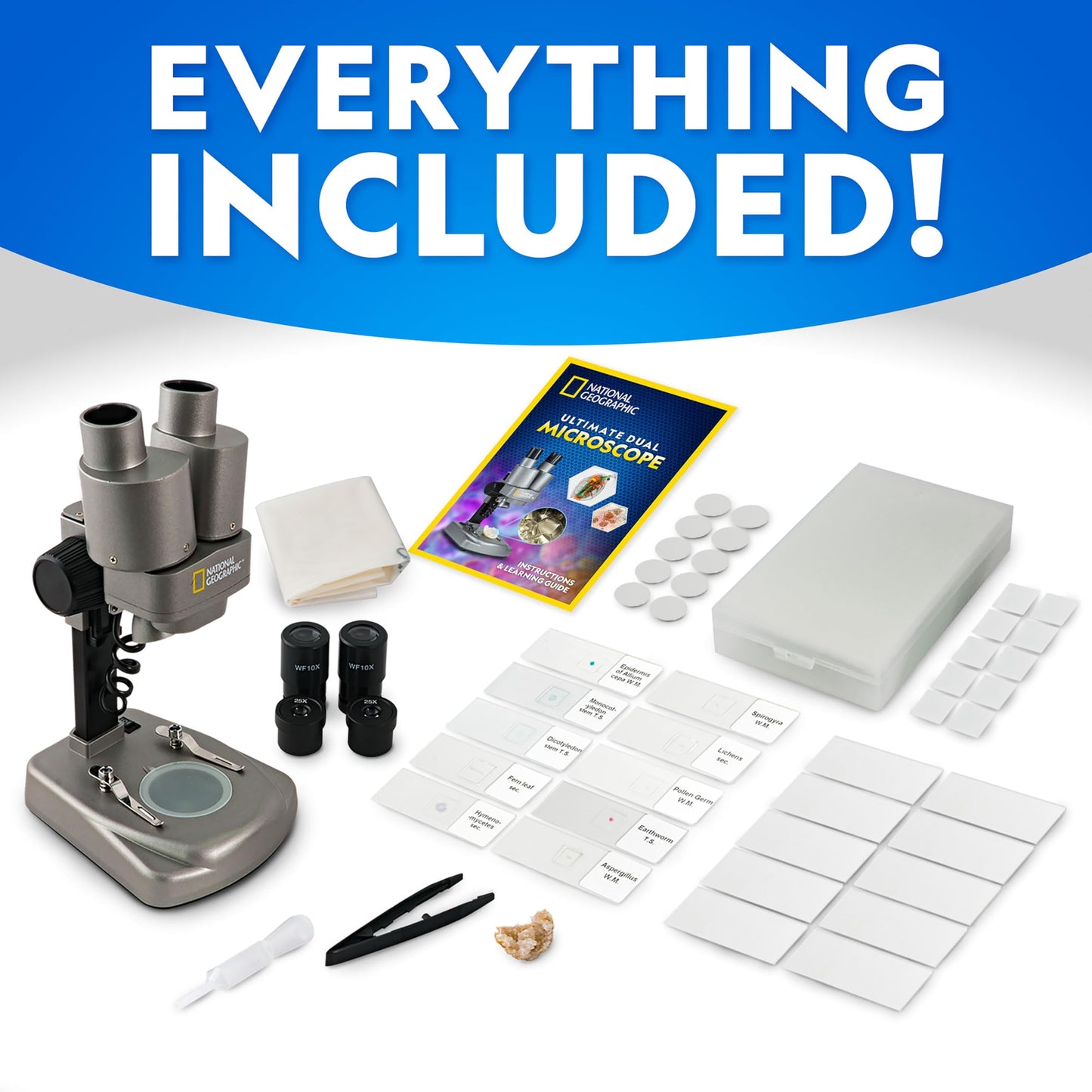 National Geographic Dual LED Kids Microscope - 50+ pc Science Kit with 10 Prepared Slides & 10 DIY Blank Slides, Biology Experiment Activity, Microscope Kit for Kids 8-12 (Amazon Exclusive)