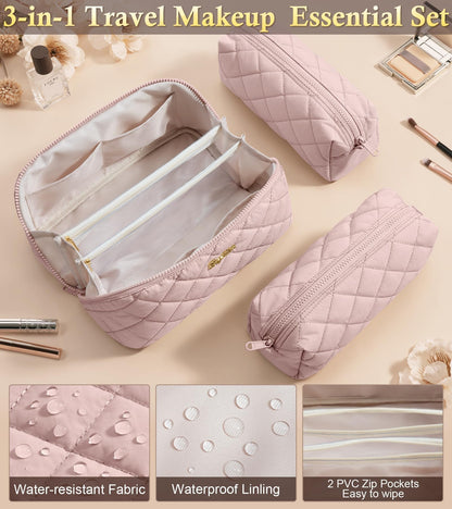 Travel Makeup Bag, 3 Pcs Large Capacity Puffy Toiletry Bag for Women, Open Flat Make up Cosmetic Organizer w/Handle & Clear Divider Water-resistant Portable Pouch Travel Essentials, L-Light Pink