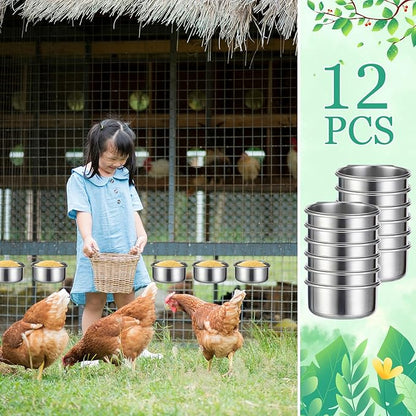 Ziliny 12 Pcs 10 oz Stainless Steel Bird Feeding Dish Cups Bird Feeder with Clamp Parrot Food Cups for Cage Pet Water Cage Bowls for Budgies Parakeet Cockatiel Small Animal