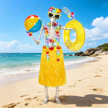 12 ft Summer Skeleton Outfits Accessories, 10 Pcs Hawaiian Hula Giant Skull Grass Skirt Costume Clothing Kit with Sunglasses Swim Rings & Beach Balls for Outdoor Yard Lawn Summerween Luau Decorations