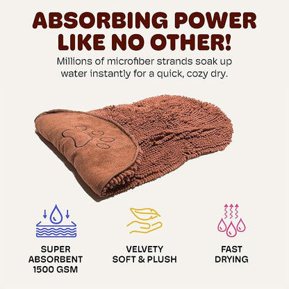 Dog Gone Smart The Dirty Dog Shammy - Antimicrobial Microfiber Dog Towel for Odor Control, Fast-Drying Plush, Dual Hand Pockets & Elastic, Super Absorbent, Machine Washable, 31 x 13 in, Brown