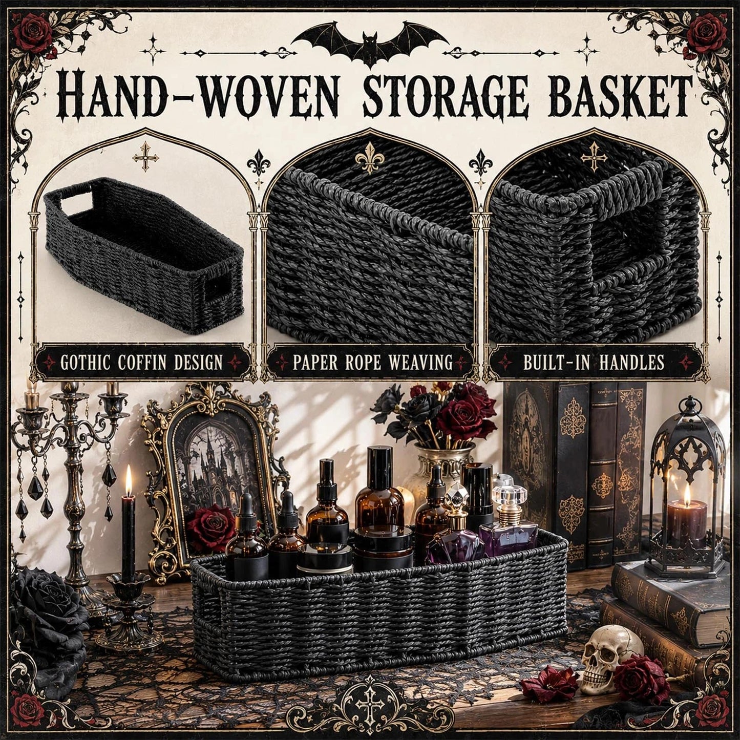 Qinyoung Gothic Storage Basket for Bathroom Rustic Black Woven Paper Rope Organizer Halloween Shape Decorative Tray for Cosmetics Keys Jewelry Gothic Home Decor(Coffin)