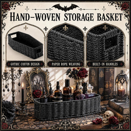 Qinyoung Gothic Storage Basket for Bathroom Rustic Black Woven Paper Rope Organizer Halloween Shape Decorative Tray for Cosmetics Keys Jewelry Gothic Home Decor(Coffin)