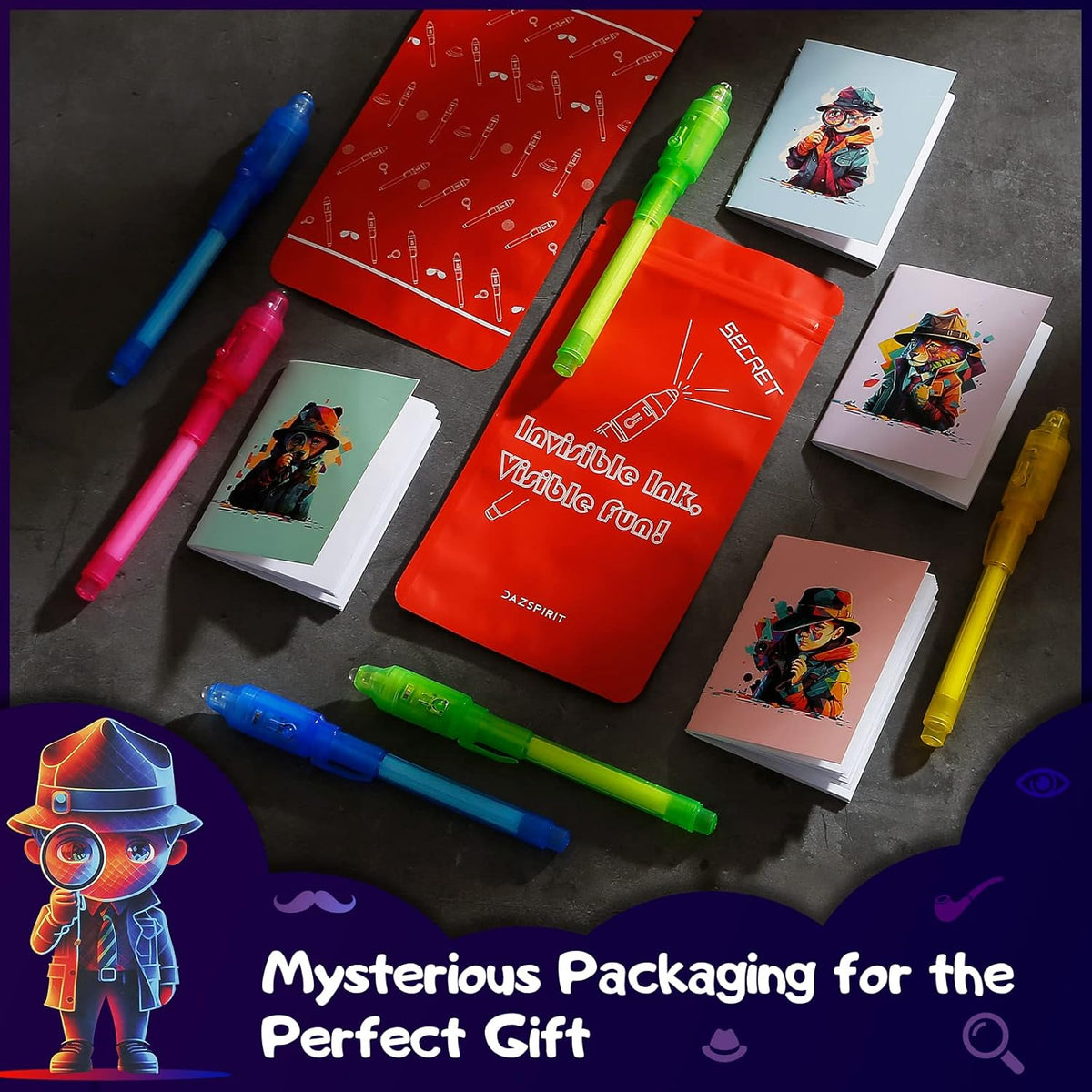 8Pcs Invisible Ink Pen Set with UV Light, Mini Notepads & Favor Bags, Magic Pen Disappearing Ink, Spy Pens for Kids, Fun Party Favors for Kids 8-12, Detective & Escape Room Themes