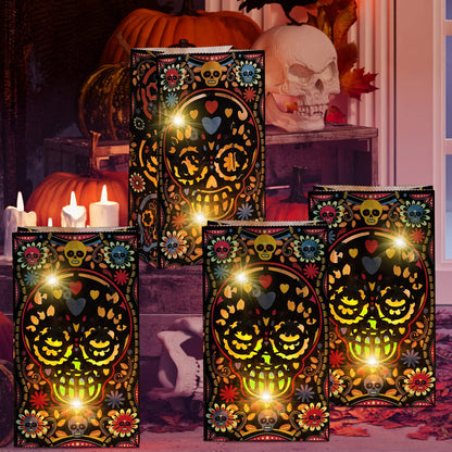 24 Pcs Halloween Day of The Dead Luminary Bags Paper Treat Bags Black Dia de Muertos Flame Resistant Candle Bags Goodie Present Wrap Bags for Halloween Party Favors Supplies