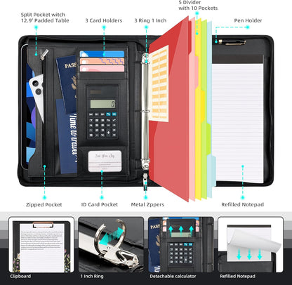 Ospelelf Leather Portfolio Folder with Zipper - 3 Ring Binder with Clipbard - Calculator, 12.1” Tablet Sleeve, 5 Dividers with 10 Pockets, Refillable Notepad, Card Holder (Bushes)