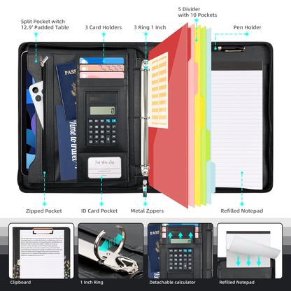 Ospelelf Leather Portfolio Folder with Zipper - 3 Ring Binder with Clipbard - Calculator, 12.1” Tablet Sleeve, 5 Dividers with 10 Pockets, Refillable Notepad, Card Holder (Bushes)