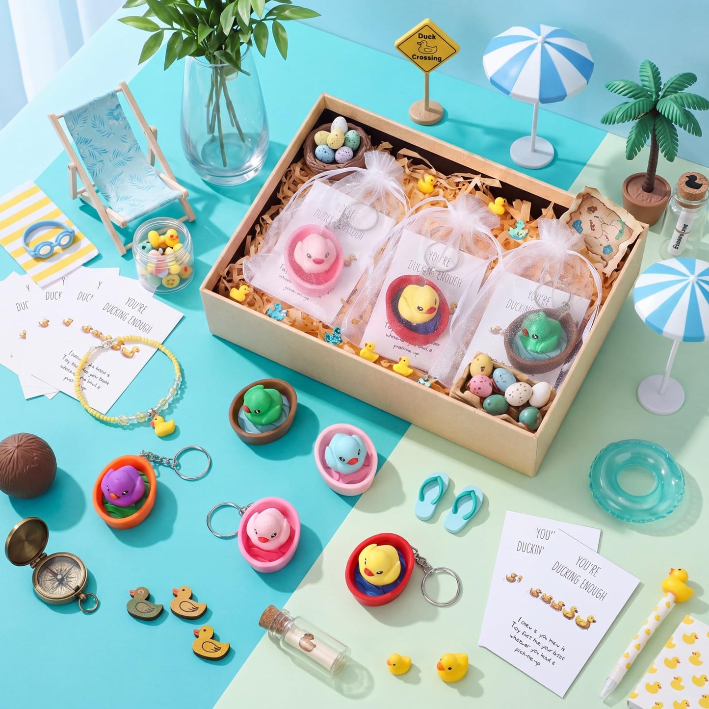 Junkin 25 Set Duck 3D Printed Clicker Fidget with Cards Funny Stress Relief Key Rings Gift Luggage Backpack Charm for Summer Theme Party Favors Decor Appreciation Gift for Students Coworkers Employee