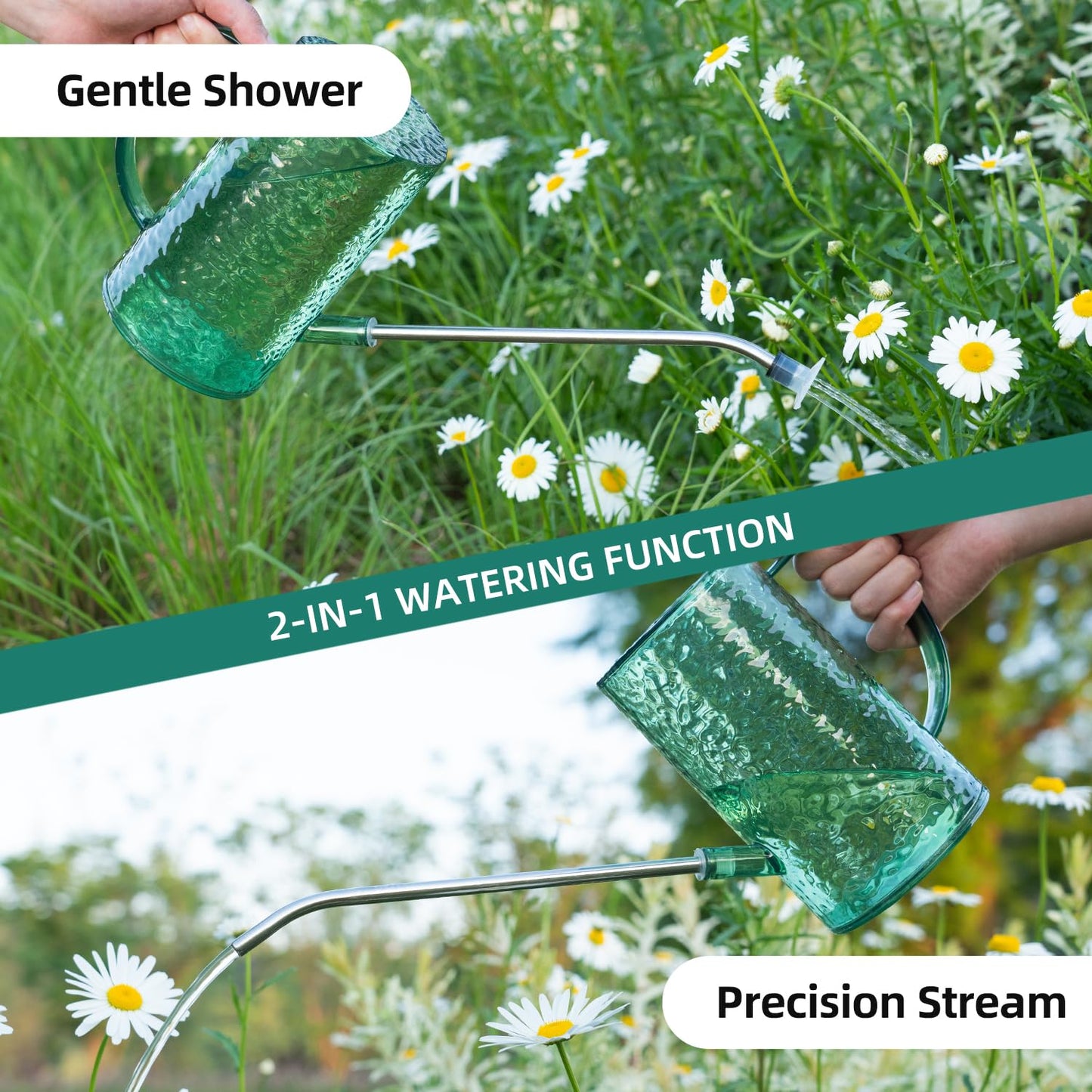 Watering Can for Indoor Plants, Water-Ripple Design Small Plastic Plant Watering Can with Long Spout and Detachable Shower Head for Houseplants, Flowers, and Succulents, 34oz, Forest Green