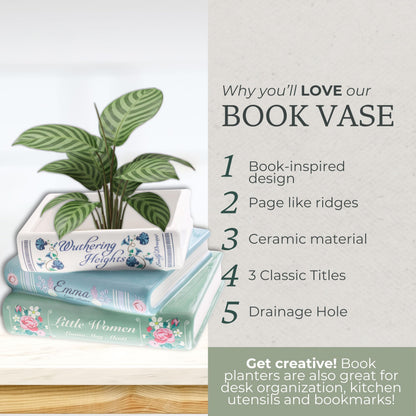 Steel Mill & Co Small Book-Shaped Decorative Ceramic Planter for Home Decor, Bookshelf, Classic Titles Bookstack, 5" x 7" x 3.75"