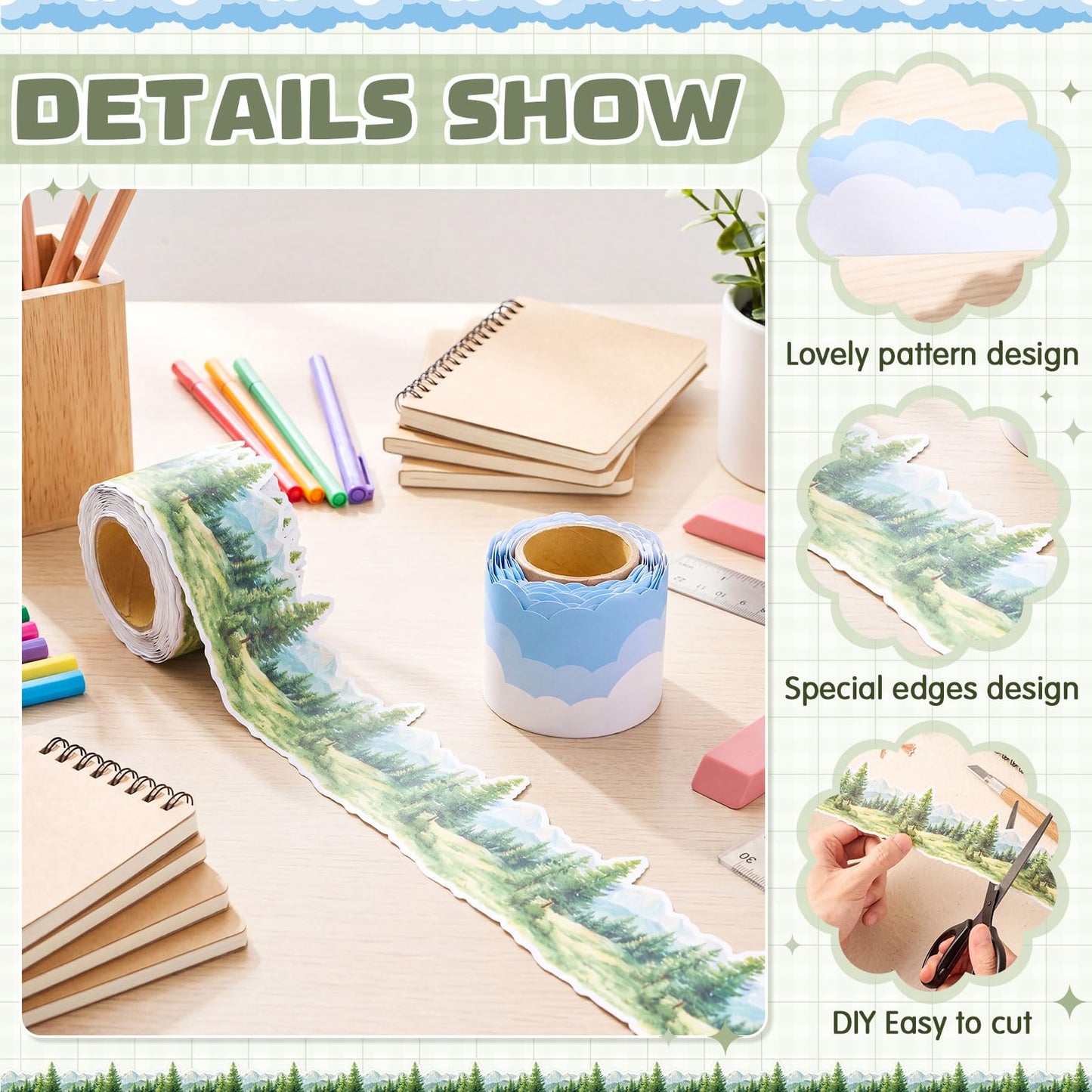 Trandraft 2 Rolls 65.6ft White Clouds Trees Bulletin Board Decorations Clouds Bulletin Board Borders Strips Classroom Decor Back to School Trim Borders for Home Office