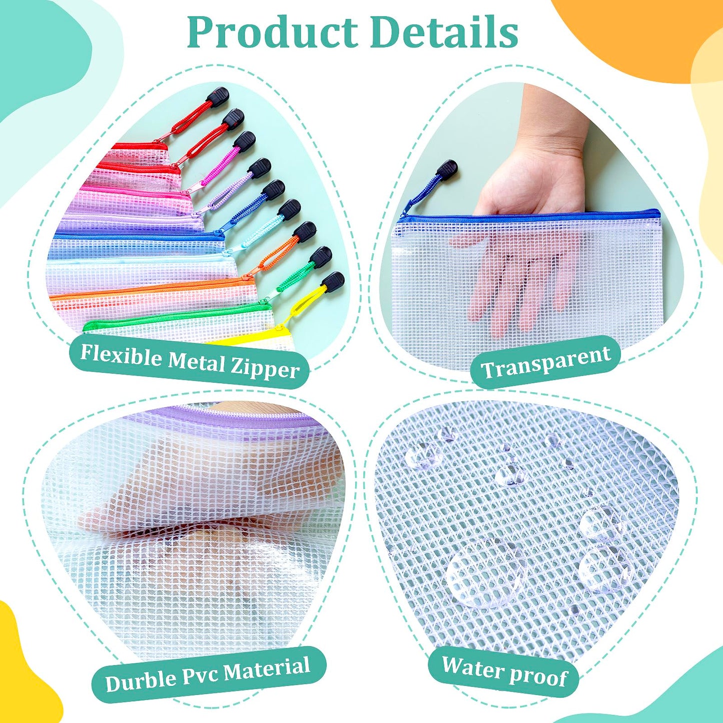 VVCOIIROEI 12pcs Mesh Zipper Pouch Bags, A3 12x17 Inches, 12 Colors Zipper Pouches for Organizing, Board Game Storage, Travel, School Office