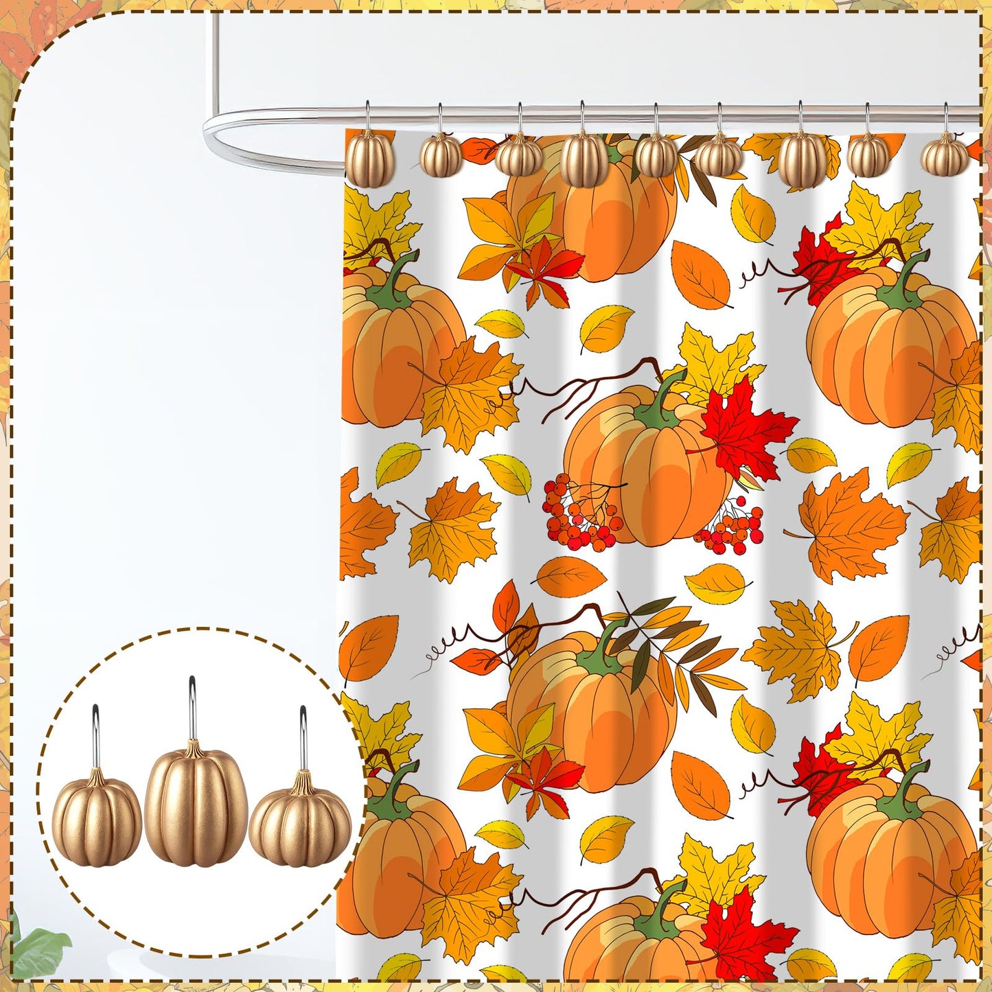 Weysat 12 Pcs Pumpkin Decorative Shower Curtain Hooks Fall Shower Curtain Rings Hanger Stainless Steel Resin Thanksgiving Bathroom Hook for Halloween Farmhouse Rustic Bathroom Decor(Gold,Pumpkin)