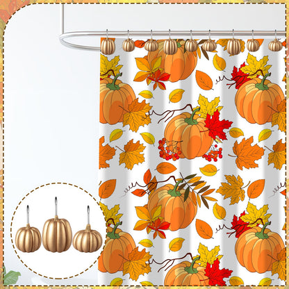Weysat 12 Pcs Pumpkin Decorative Shower Curtain Hooks Fall Shower Curtain Rings Hanger Stainless Steel Resin Thanksgiving Bathroom Hook for Halloween Farmhouse Rustic Bathroom Decor(Gold,Pumpkin)