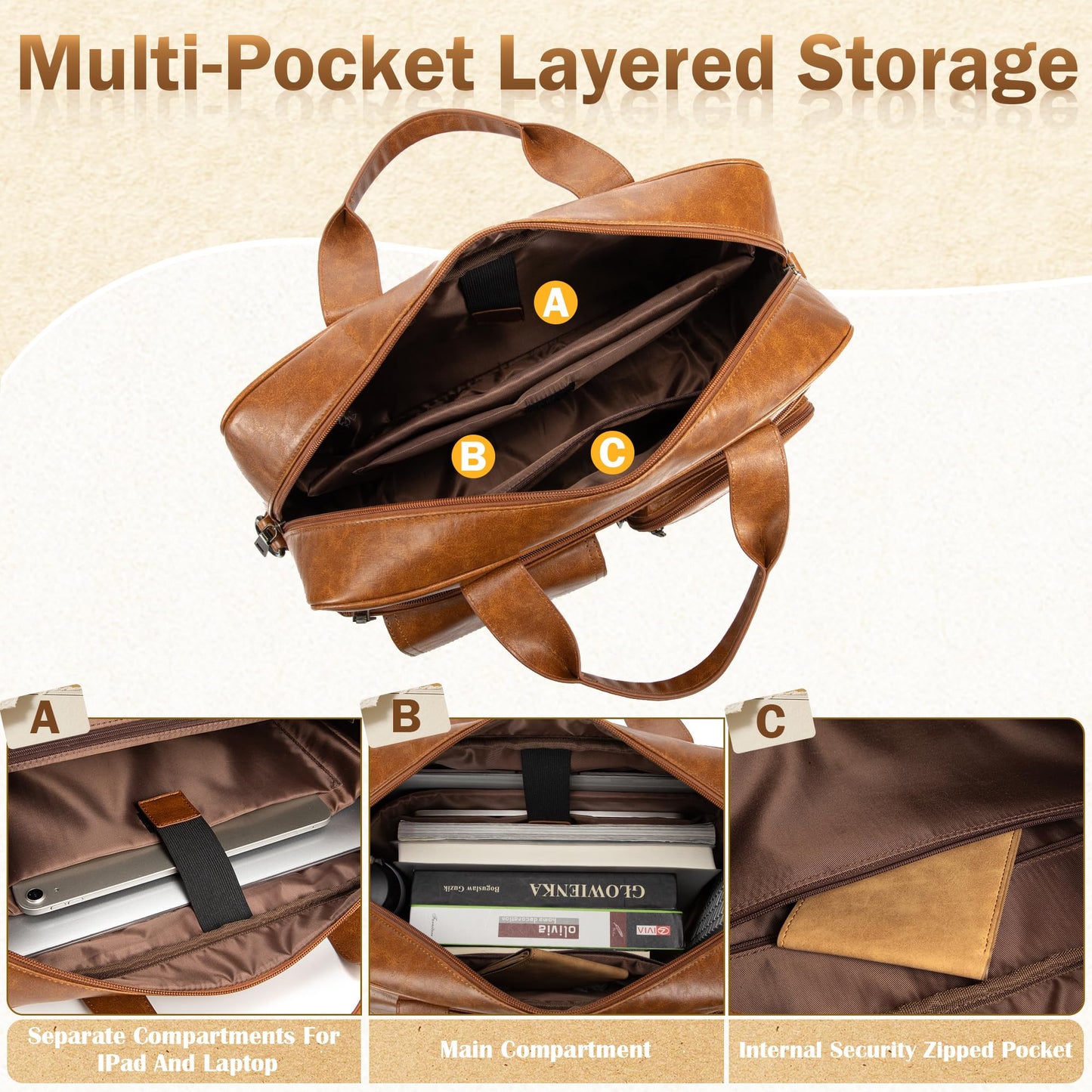 Yuni Sophy Briefcase for Men 15.6 Inch Laptop Messenger Bag Faux Leather Multi-Pocket Business Work Bag Waterproof Office Travel (Brown)
