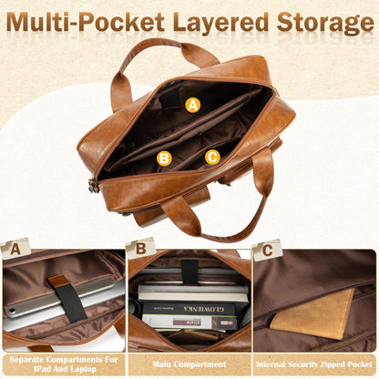 Yuni Sophy Briefcase for Men 15.6 Inch Laptop Messenger Bag Faux Leather Multi-Pocket Business Work Bag Waterproof Office Travel (Brown)