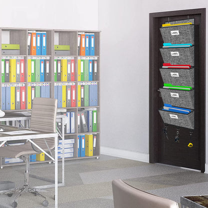 Homyfort Over the Door File Organizer, Hanging Wall File Folders with 5 Large Pockets for Papers, Charts, Mails, Magazine, Office and Back To Supplies Storage and Organization (Black)