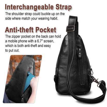 CENUNCO Genuine Leather Sling Bag Crossbody Chest Bag Sling Backpack Purse (Black)