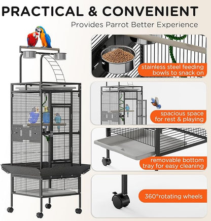 60 Inch Wrought Iron Large Bird Cage with Rolling Stand, Metal Parrot Cage with Play Top & 4 Stainless Steel Bowls for African Grey Cockatiel Sun Parakeet Green Cheek Conure Lovebird Budgie, Black