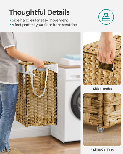 SONGMICS Laundry Hamper with Lid, 17.2 Gallon (65 L) Synthetic Rattan Clothes Laundry Basket with Lid and Handles, Foldable, Removable Liner, Goose Yellow ULCB165N01