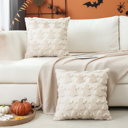 OTOSTAR Set of 2 Ghost Pillow Covers Halloween Throw Pillow Covers for Sofa Couch Bed Living Room Soft Plush Short Wool Velvet Farmhouse Throw Pillow Covers for Thanksgiving Cream Beige 14x14 Inch