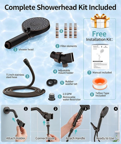 SR SUN RISE Filtered Shower Head with Handheld High Pressure 9 Spray Mode Showerhead Detachable Shower Head Water Softener Filters Beads for Hard Water Remove Chlorine 4 Filters ORB