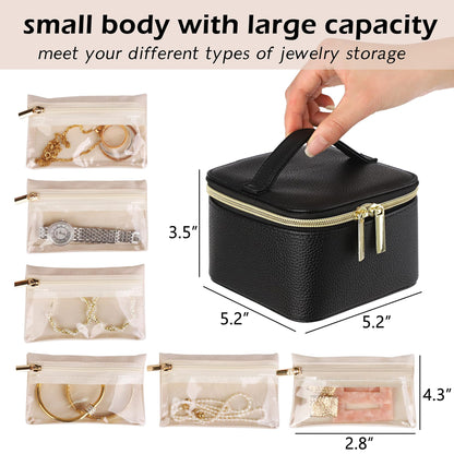 HofferRuffer Jewelry Box Organizer for Women Girls, Travel Jewelry Case with 6 Portable Zipper Bags, Jewelry Storage Ideal for Travel & Home Organization (6pcs-Black Faux Leather)