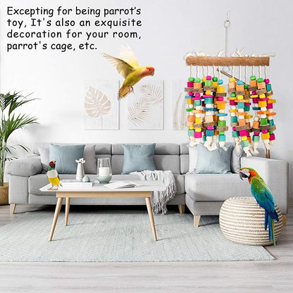 Kikerike Parrot Chewing Toy Bird Bite Toy with Colorful Wood Beads, Multicolored Natural Wooden Block Cage Toys for Macaw Cockatoo Parakeets