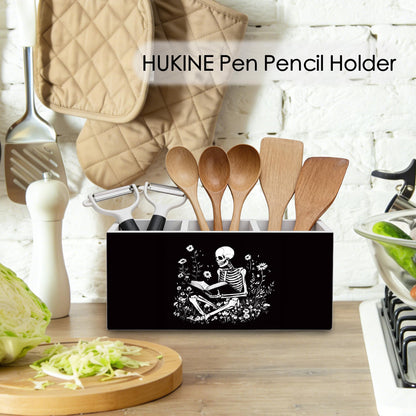 HUKINE Gothic Skeleton Bookish Pen Holder for Desk Decoration, Witchy Gothic Skull Reading Book Wooden Box Sign Pencil Holder Organizer for Home Office Desk Accessories, Book Lover Gifts