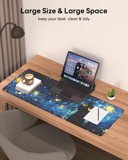 Velluxion Starry Night Cat Mouse Pad, 31.5 x 11.8 Large Desk Mat with Stitched Edges & Non-Slip Base, Mousepad for Office, Home, Work