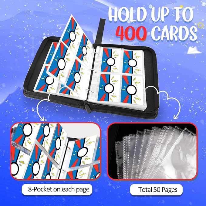 Collectible Trading Card Albums, 400 Card Holders with 50 Removable Sleeves, Portable 4 Pockets Collectible Trading Card Binder, PU Card Collection Binder for MTG, TCG, Sport Card, Game Cards