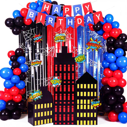 Sliner 47 Pcs Spider Web Birthday Decorations, Tinsel Foil Fringe Curtains Balloons Skyscraper City Boxes set, Spider Party Supplies Red Black Blue Photo Booth Prop Backdrop Streamer, Backdrop Decor