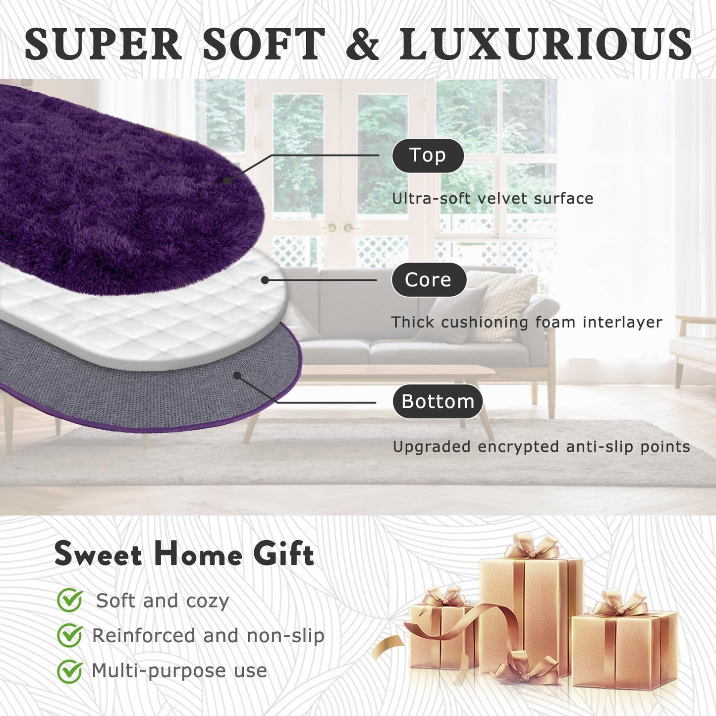 Soft Fluffy Area Rug for Bedroom, Purple Fuzzy Shaggy Oval Throw Rugs for Bedside, Non-Slip Cozy Plush Shag Carpet for Girls Kids Room Nursery Dorm Living Room, 2.6 x 5.3 Feet