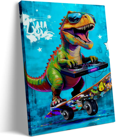 16x24 Graffiti Blue Skateboard T-Rex Dinosaur Canvas Wall Art Prints, Framed Watercolor Animal Pop Cool Painting, Funny Kids & Teen Boy Bedroom Decor, Home Bathroom Living Room Wall Poster Gift