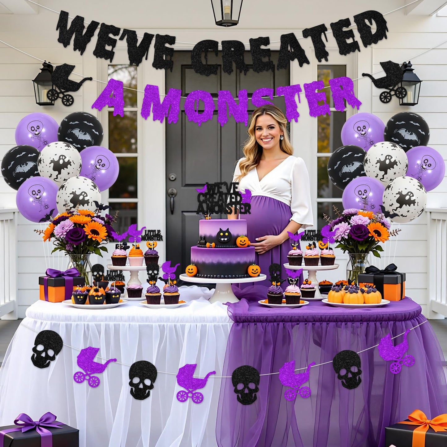 Fangleland Halloween Monster Baby Shower Decorations, Black Purle We've Created a Monster Banner Garland Cake Cupcake Toppers Balloons, Gothic Gender Reveal Pregnancy Announcement Party Supplies
