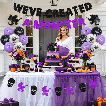 Fangleland Halloween Monster Baby Shower Decorations, Black Purle We've Created a Monster Banner Garland Cake Cupcake Toppers Balloons, Gothic Gender Reveal Pregnancy Announcement Party Supplies