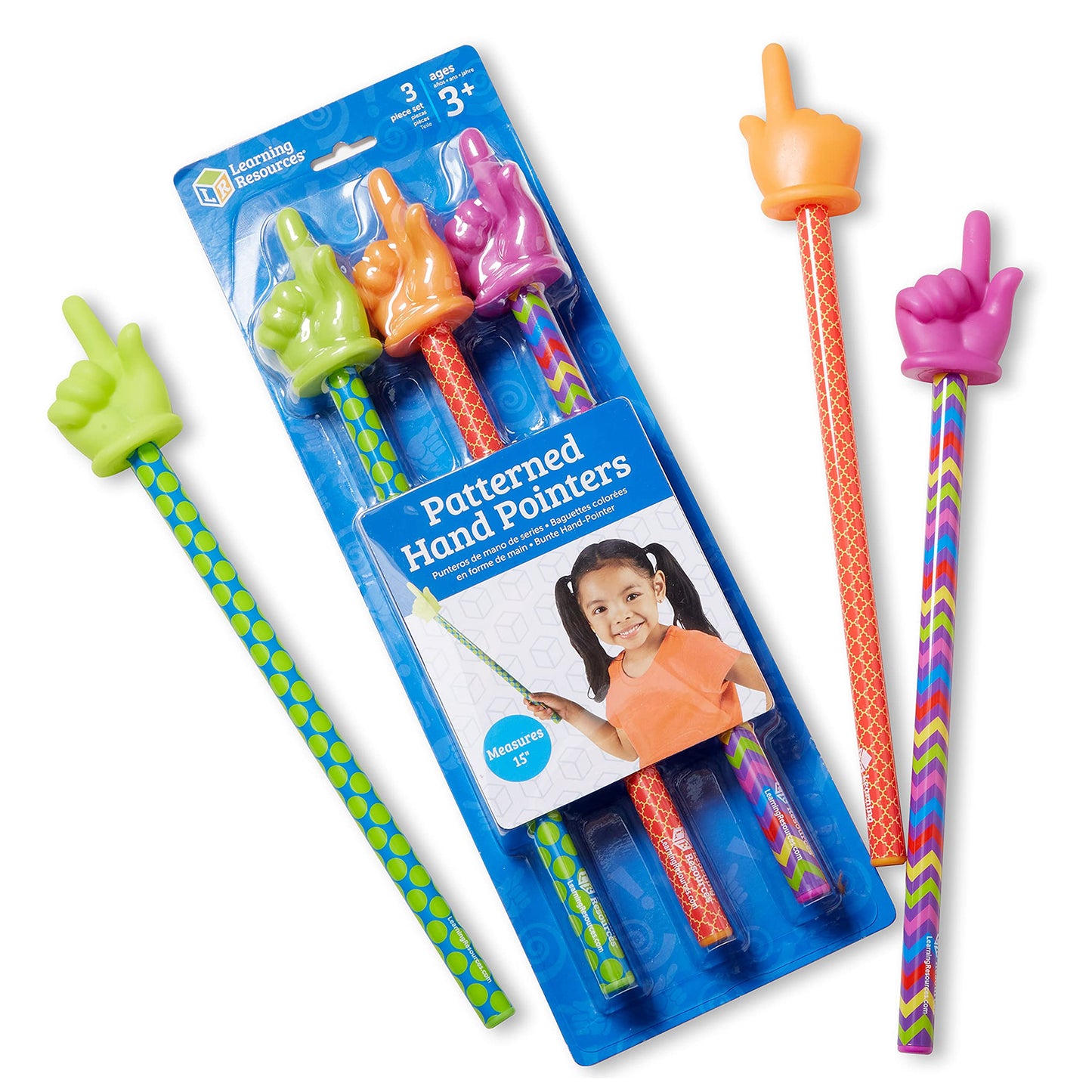 Learning Resources 15" Patterned Hand Pointers, Set of 3 - Pointer Finger Stick, Teacher for Classroom for, Focus for Reading, Presentation Tools