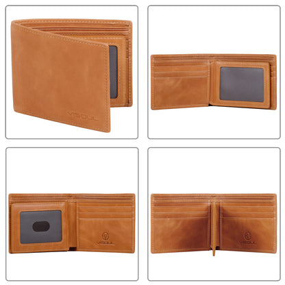VISOUL Leather Mens Bifold RFID Blocking Wallet with 2 ID Windows, Leather Wallet for Men (Leather, Tan)