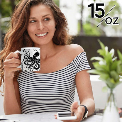 15 oz White & Black Boho Ceramic Coffee Mug with Octopus Art - Comes with a Gift Card - Unique Novelty and Cool Mugs for Men and Women, Ocean Themed Decor and Fun Gifts