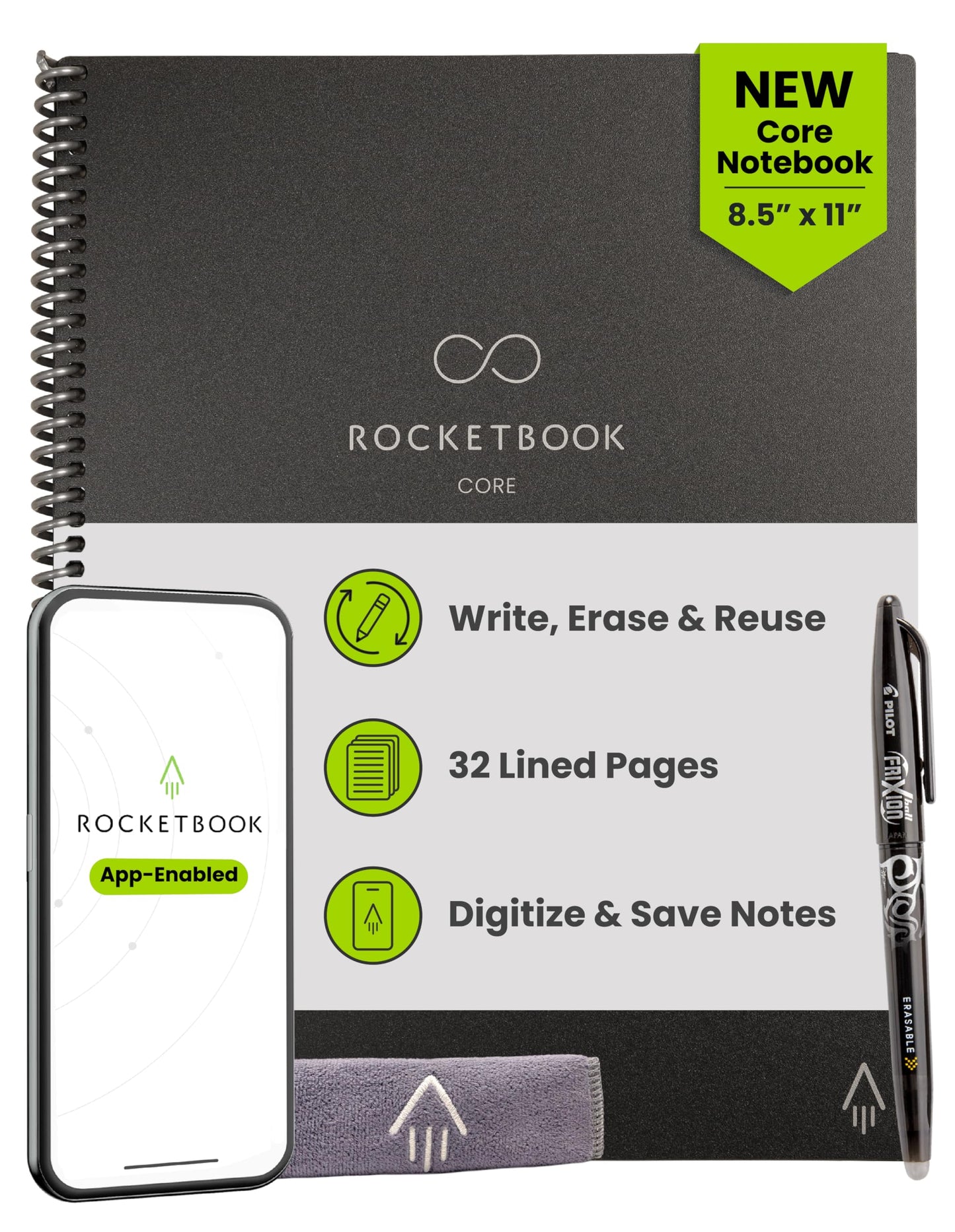 Rocketbook Core Reusable Smart Notebook, Lined Pages For School, Work and Creative Projects, Letter Size 8.5x11, Black - Premium