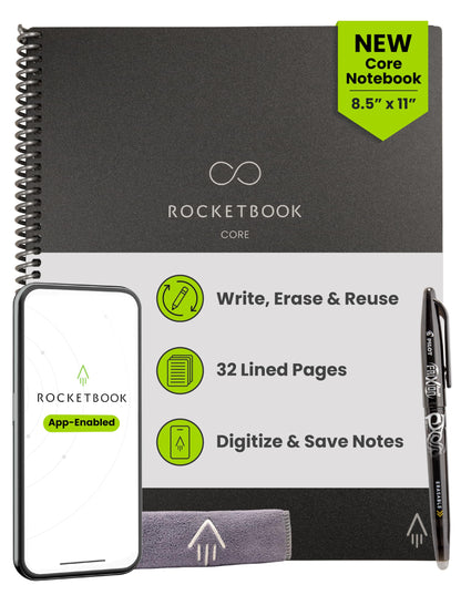 Rocketbook Core Reusable Smart Notebook, Lined Pages For School, Work and Creative Projects, Letter Size 8.5x11, Black - Premium