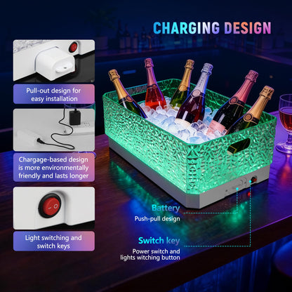 FUNDLEDMI 15L LED Ice Bucket for Parties, Rechargeable 7-Color Changing Light Up Beverage Tub, Clear Acrylic Wine & Champagne Drink Cooler, Leakproof Party Tub for Home Bar & Outdoor Entertaining