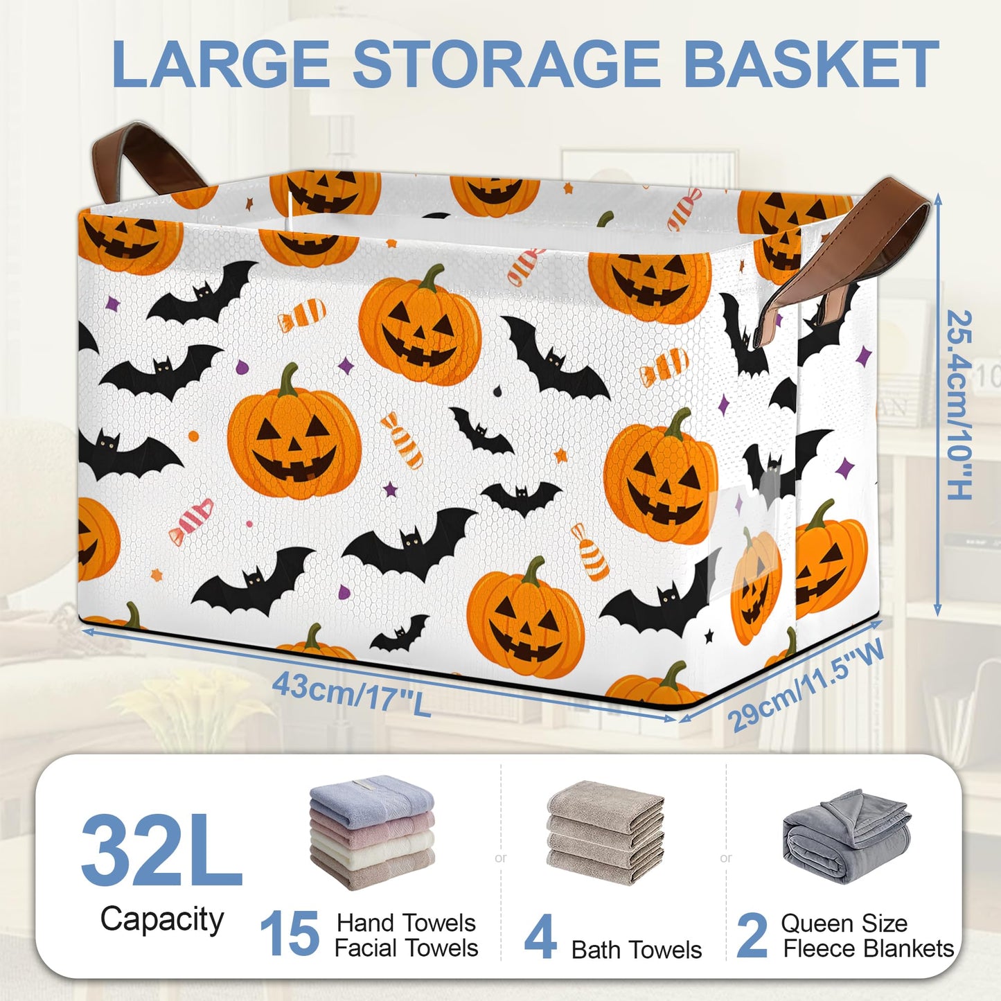 Masarua Halloween Pumpkin Bat Storage Baskets,Candy Foldable Organizer Bin with Handles for Home Living Room Bedroom Closet Box 17x11.5x10Inch