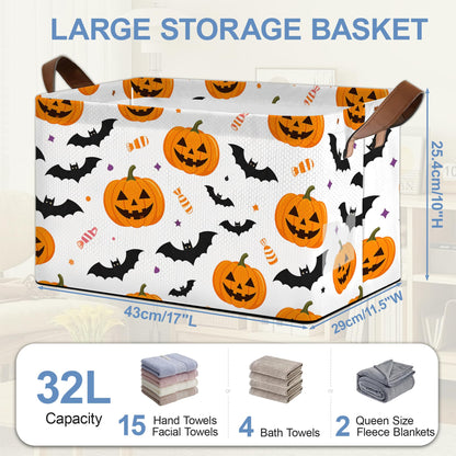 Masarua Halloween Pumpkin Bat Storage Baskets,Candy Foldable Organizer Bin with Handles for Home Living Room Bedroom Closet Box 17x11.5x10Inch