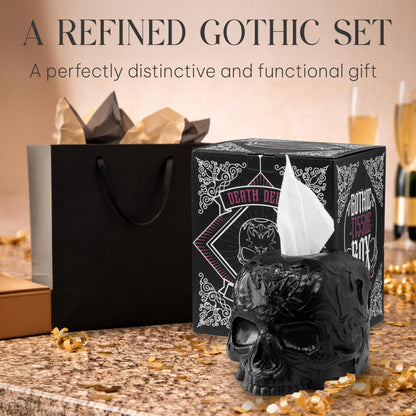 Death Decor Gothic Skull Tissue Box Cover – Heavyweight Square Tissue Holder – Won’t Move When Pulling a Tissue – Black Home & Bathroom Décor – Home Gift for Women & Men, Goth, Horror
