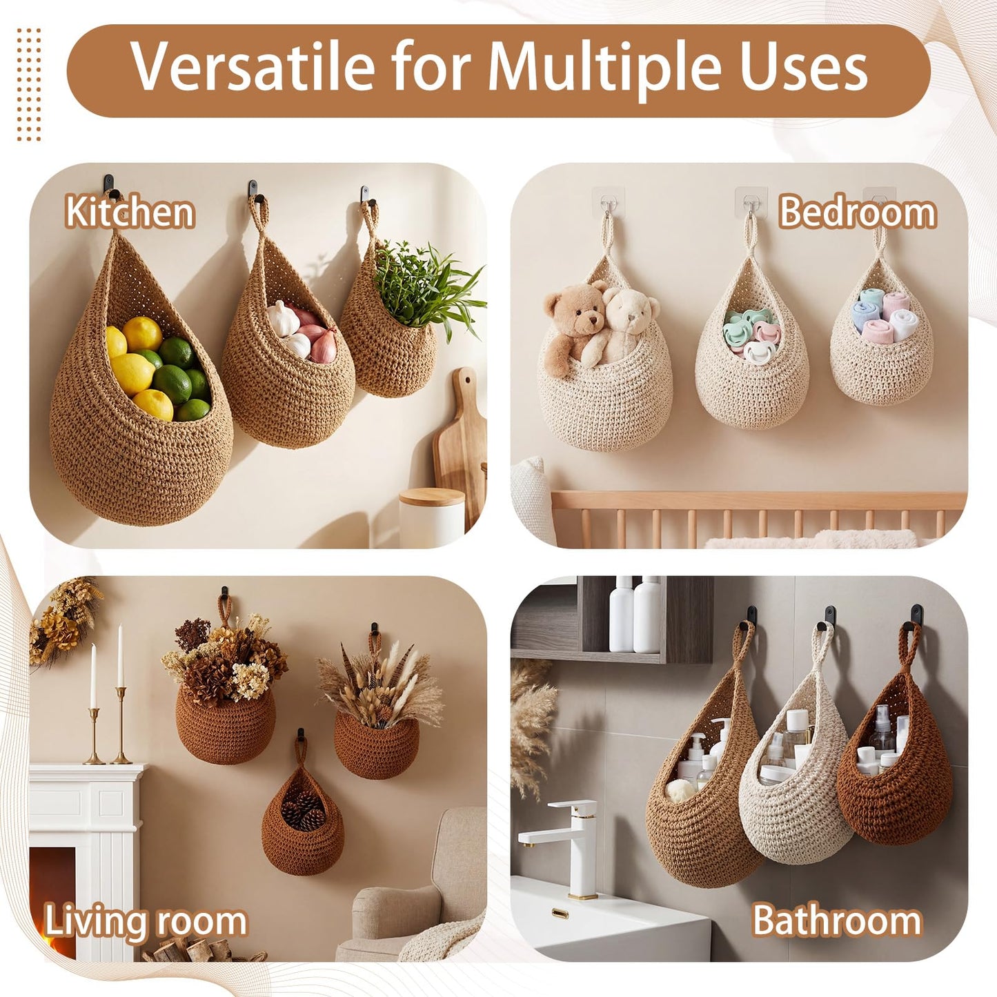 LemonRoad Boho Decor Hanging Wall Fruit Baskets for Kitchen 9 Pack Woven Teardrop Produce Baskets with 9 Pcs Strong Hooks 3 Sizes Hanging Storage Vegetable Potato Onion for Home, White, Linen, Jute