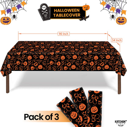 KatchOn, Pumpkin Halloween Tablecloth Plastic - 54x90 Inch, Pack of 3 | Pumpkin Tablecloth, Black and Orange Halloween Table Covers | Table Cloth Disposable