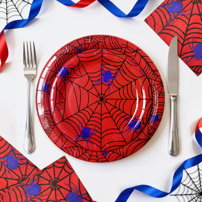 Watch Me Fly 75pcs Spider Party Supplies - Disposable Spider Web Paper Plates & Napkins (25pcs 9" & 7" Plates, 25pcs Napkins) for Birthdays, Halloween, Birthday, and Parties Decoration