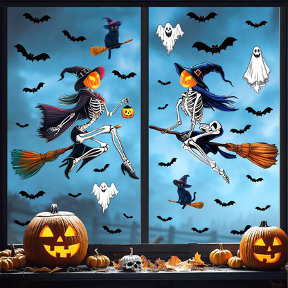 Halloween Window Decorations Decals Scary Skeleton Witches Window Stickers Double-Sided Bats Ghost Clings for Glass Removable Reusable Black Cat Static Decal for Indoor Outdoor Home Holiday Supplies