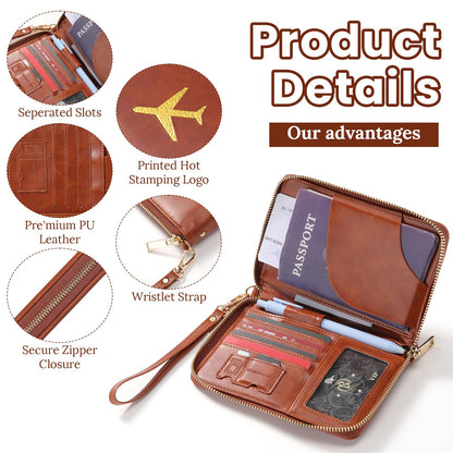 SilTriangle 2 Pcs Leather Passport Holder Cover for Travel with Safe Zipper Closure, Premium Passport Wallet Waterproof Rfid Blocking Card Case for Travel Family Women Men(Black,Brown)